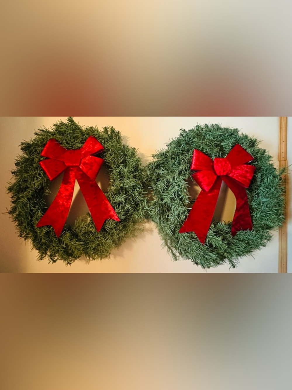 2 Elegant Green Holiday Wreath with Red Velvet Bows 19” round